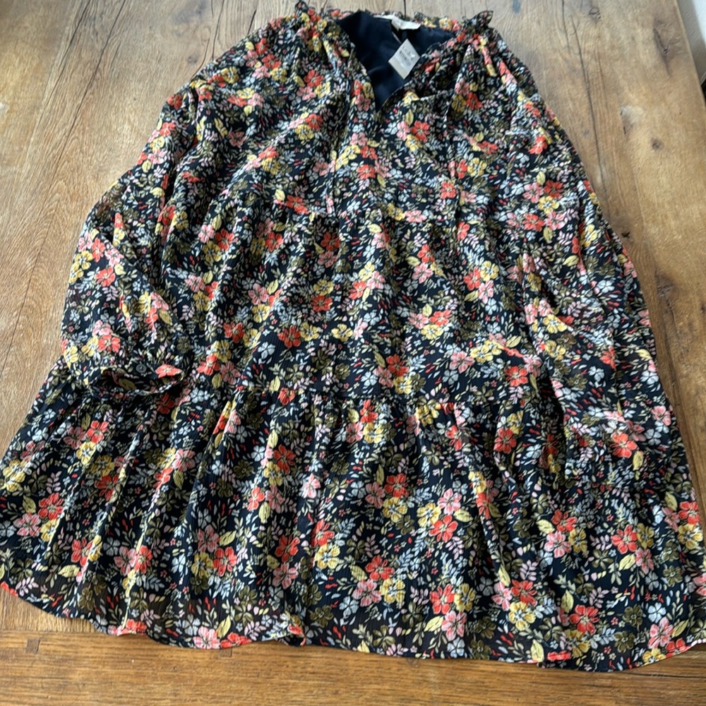 LOFT Black Floral Tiered Long-Sleeve Dress